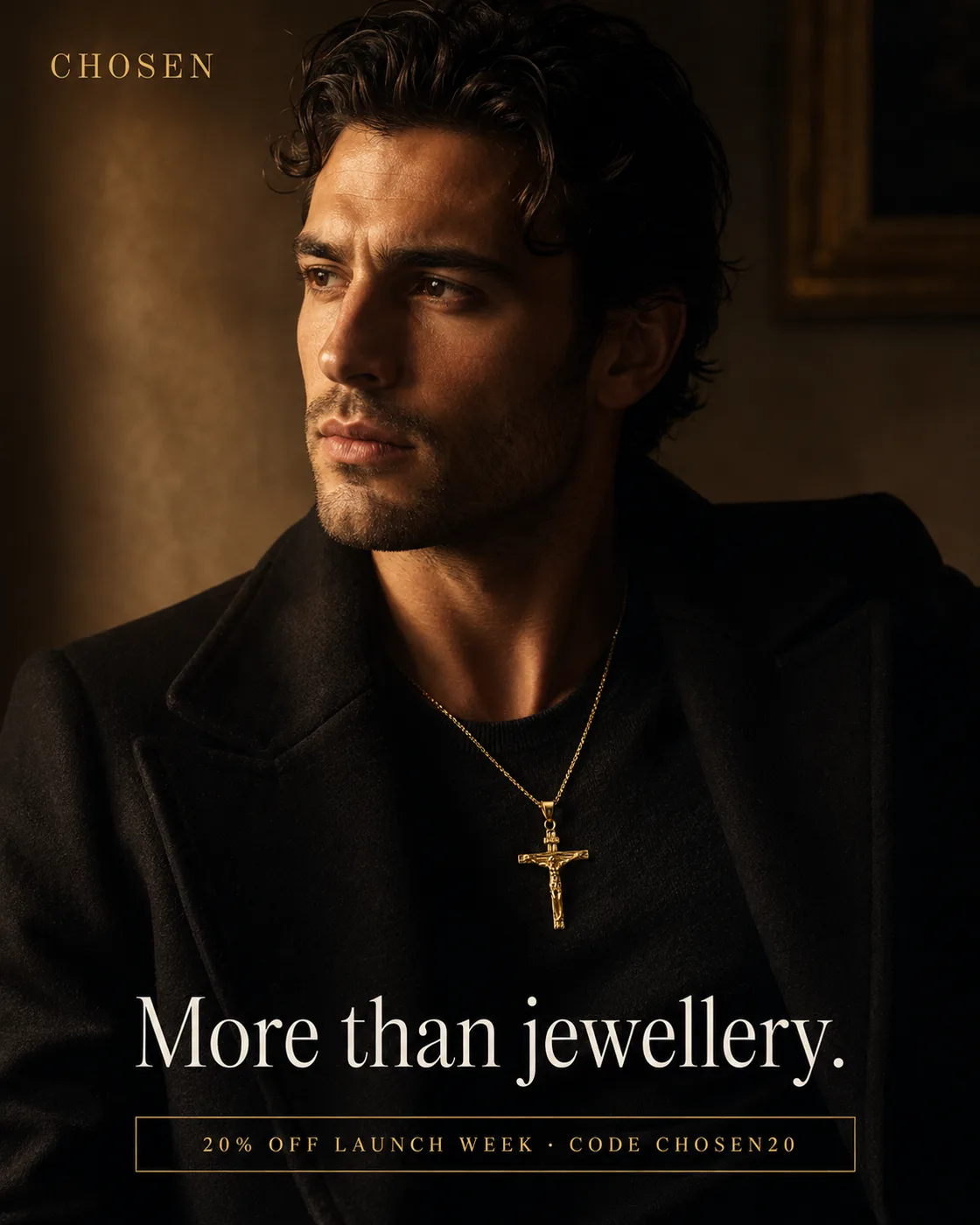 Byzantine Crucifix Pendant — worn by model, editorial portrait