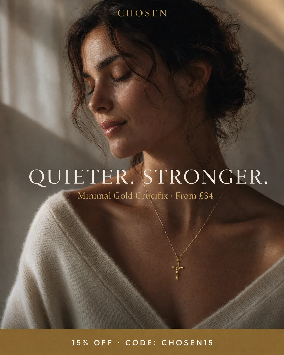Minimal Gold Crucifix worn by female model